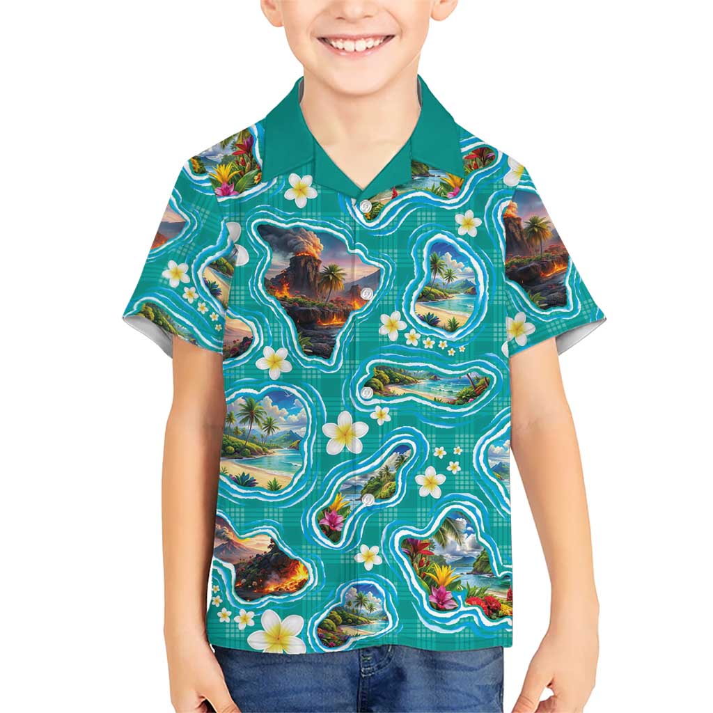 Hawaii Map with Plumeria Flower and Palaka Pattern Family Matching Summer Maxi Dress and Hawaiian Shirt Tropical Island Teal Design