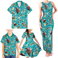 Hawaii Map with Plumeria Flower and Palaka Pattern Family Matching Tank Maxi Dress and Hawaiian Shirt Tropical Island Teal Design