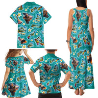 Hawaii Map with Plumeria Flower and Palaka Pattern Family Matching Tank Maxi Dress and Hawaiian Shirt Tropical Island Teal Design