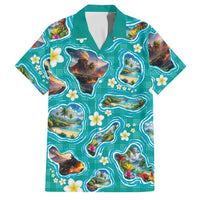 Hawaii Map with Plumeria Flower and Palaka Pattern Family Matching Tank Maxi Dress and Hawaiian Shirt Tropical Island Teal Design