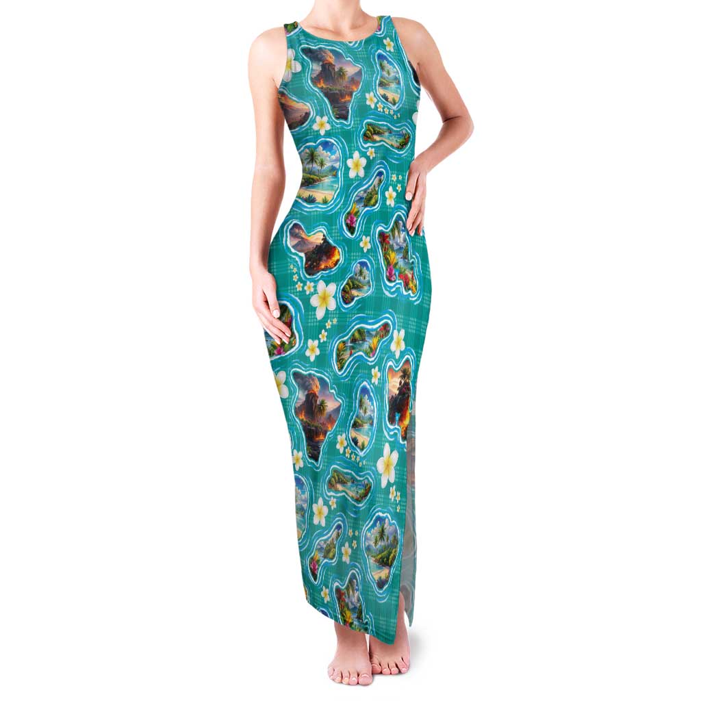 Hawaii Map with Plumeria Flower and Palaka Pattern Family Matching Tank Maxi Dress and Hawaiian Shirt Tropical Island Teal Design