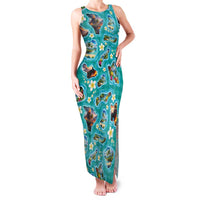 Hawaii Map with Plumeria Flower and Palaka Pattern Family Matching Tank Maxi Dress and Hawaiian Shirt Tropical Island Teal Design