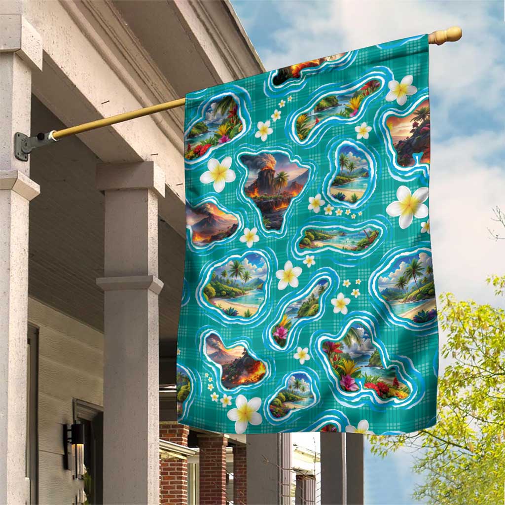 Hawaii Map with Plumeria Flower and Palaka Pattern Garden Flag Tropical Island Teal Design LT03 House Flag Teal - Polynesian Pride