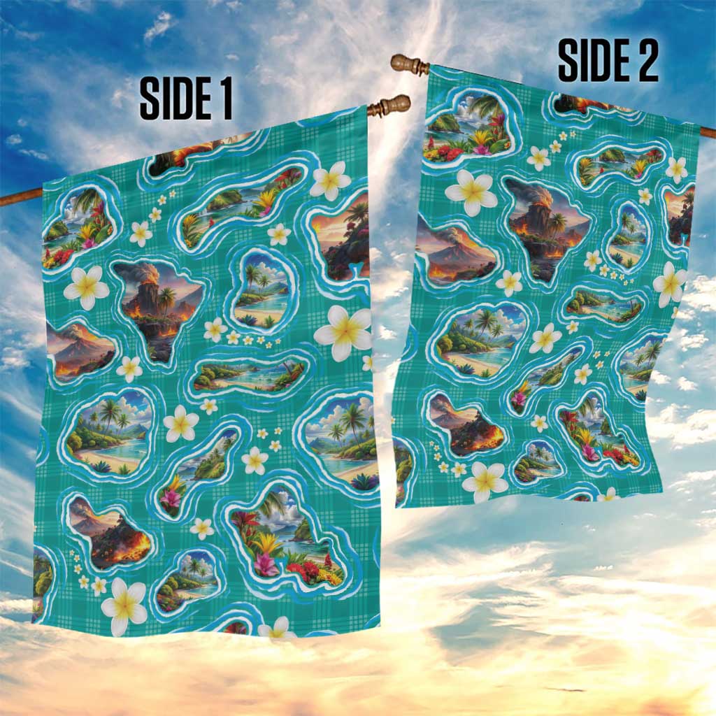 Hawaii Map with Plumeria Flower and Palaka Pattern Garden Flag Tropical Island Teal Design LT03 - Polynesian Pride