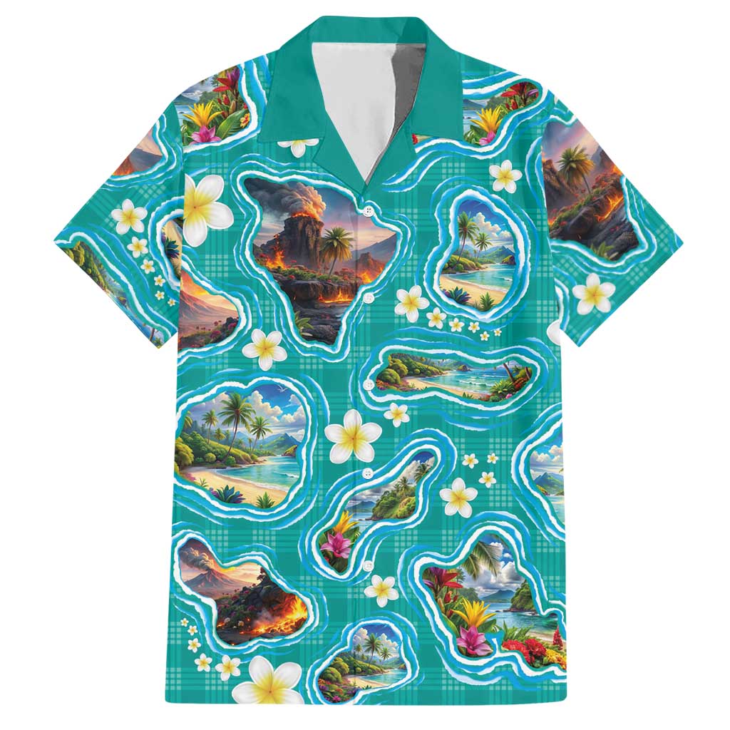 Hawaii Map with Plumeria Flower and Palaka Pattern Hawaiian Shirt Tropical Island Teal Design LT03 Teal - Polynesian Pride