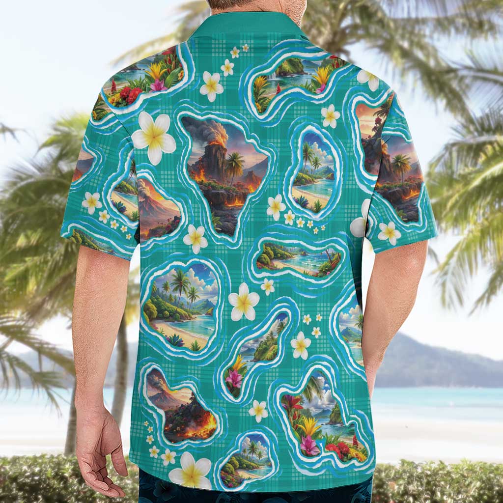 Hawaii Map with Plumeria Flower and Palaka Pattern Hawaiian Shirt Tropical Island Teal Design LT03 - Polynesian Pride
