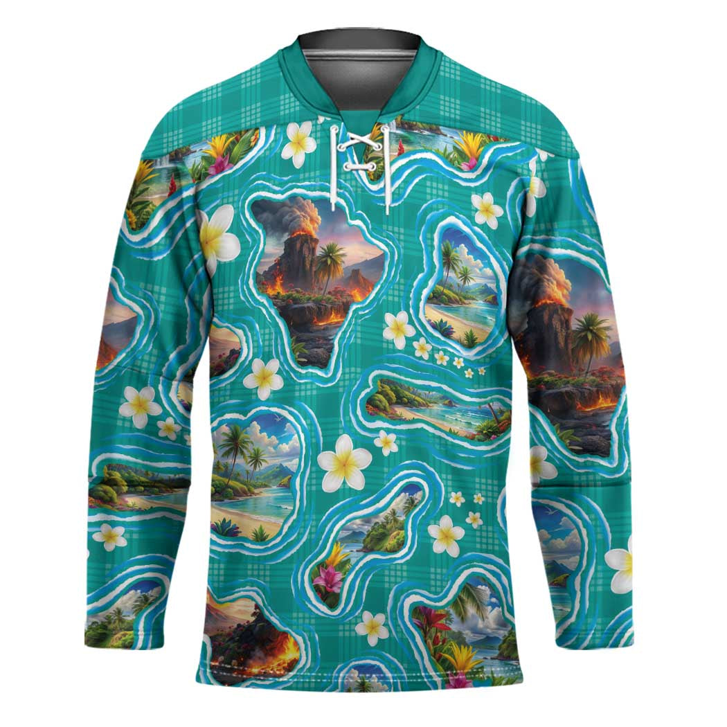 Hawaii Map with Plumeria Flower and Palaka Pattern Hockey Jersey Tropical Island Teal Design LT03 Unisex Teal - Polynesian Pride