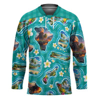Hawaii Map with Plumeria Flower and Palaka Pattern Hockey Jersey Tropical Island Teal Design LT03 Unisex Teal - Polynesian Pride