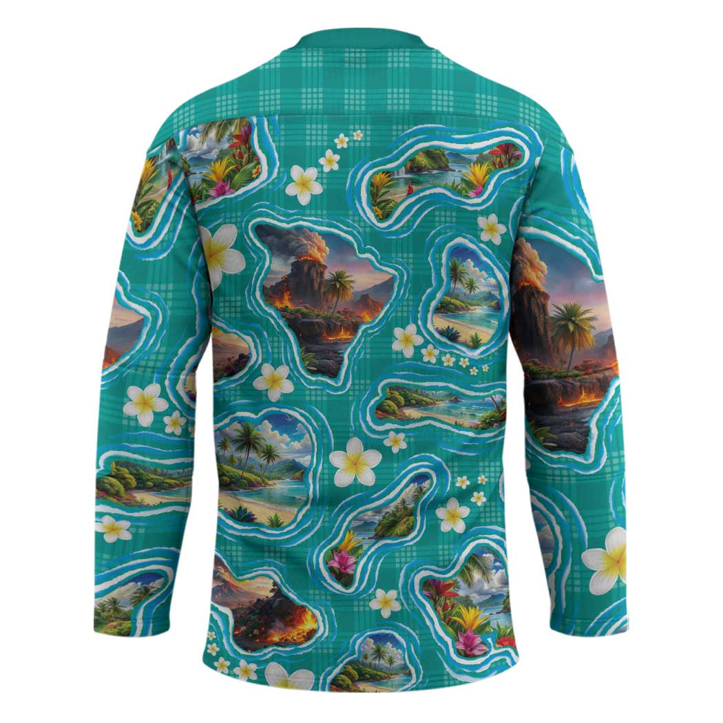 Hawaii Map with Plumeria Flower and Palaka Pattern Hockey Jersey Tropical Island Teal Design LT03 - Polynesian Pride