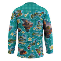 Hawaii Map with Plumeria Flower and Palaka Pattern Hockey Jersey Tropical Island Teal Design LT03 - Polynesian Pride