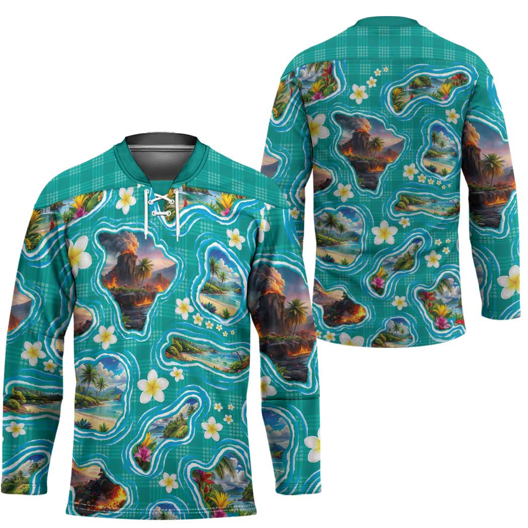 Hawaii Map with Plumeria Flower and Palaka Pattern Hockey Jersey Tropical Island Teal Design LT03 - Polynesian Pride