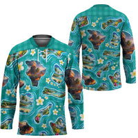 Hawaii Map with Plumeria Flower and Palaka Pattern Hockey Jersey Tropical Island Teal Design LT03 - Polynesian Pride