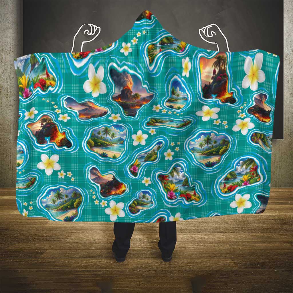 Hawaii Map with Plumeria Flower and Palaka Pattern Hooded Blanket Tropical Island Teal Design LT03 - Polynesian Pride
