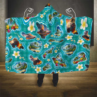 Hawaii Map with Plumeria Flower and Palaka Pattern Hooded Blanket Tropical Island Teal Design LT03 - Polynesian Pride