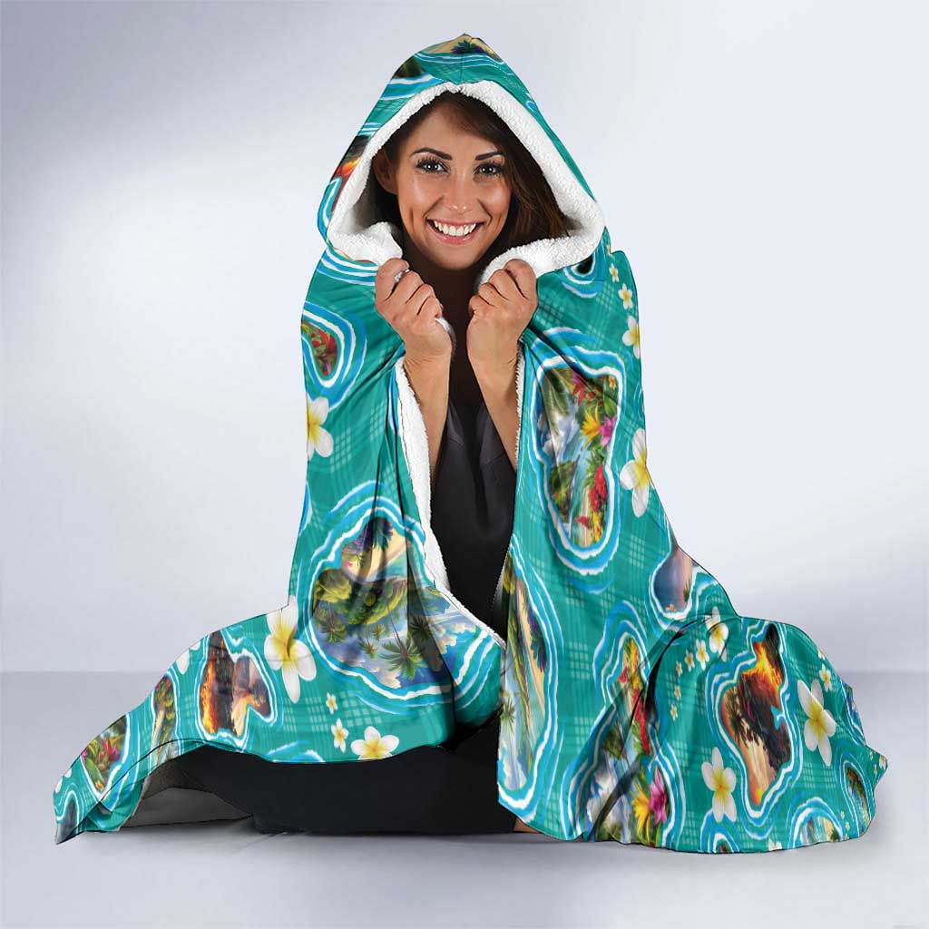 Hawaii Map with Plumeria Flower and Palaka Pattern Hooded Blanket Tropical Island Teal Design LT03 - Polynesian Pride