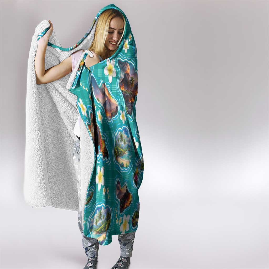Hawaii Map with Plumeria Flower and Palaka Pattern Hooded Blanket Tropical Island Teal Design LT03 - Polynesian Pride