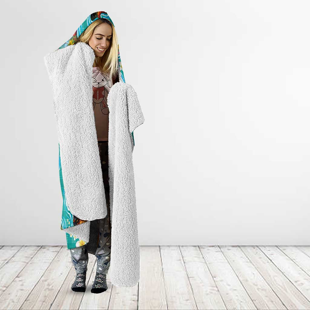 Hawaii Map with Plumeria Flower and Palaka Pattern Hooded Blanket Tropical Island Teal Design LT03 - Polynesian Pride