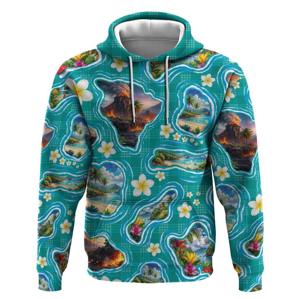 Hawaii Map with Plumeria Flower and Palaka Pattern Hoodie Tropical Island Teal Design LT03 Pullover Hoodie Teal - Polynesian Pride