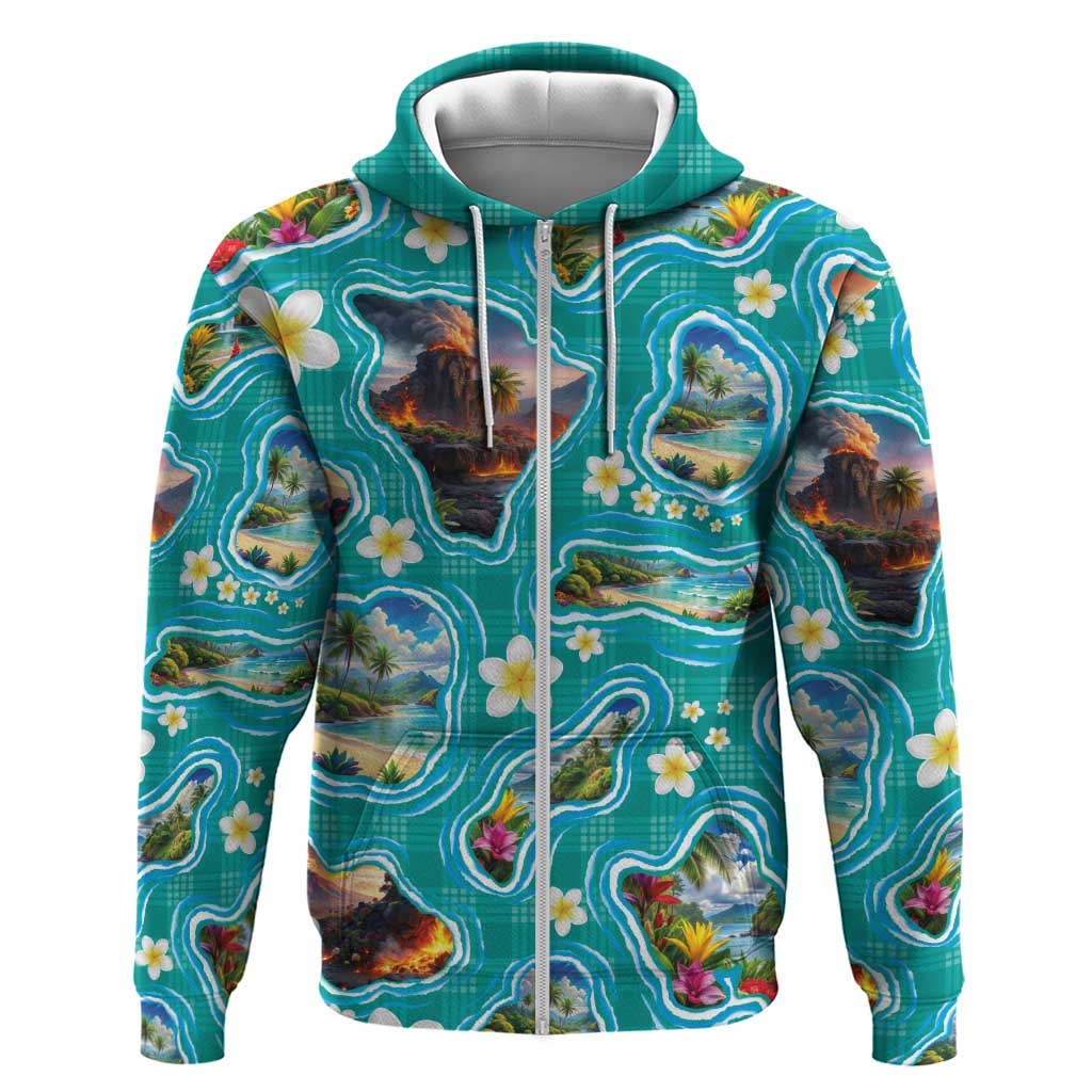 Hawaii Map with Plumeria Flower and Palaka Pattern Hoodie Tropical Island Teal Design LT03 Zip Hoodie Teal - Polynesian Pride