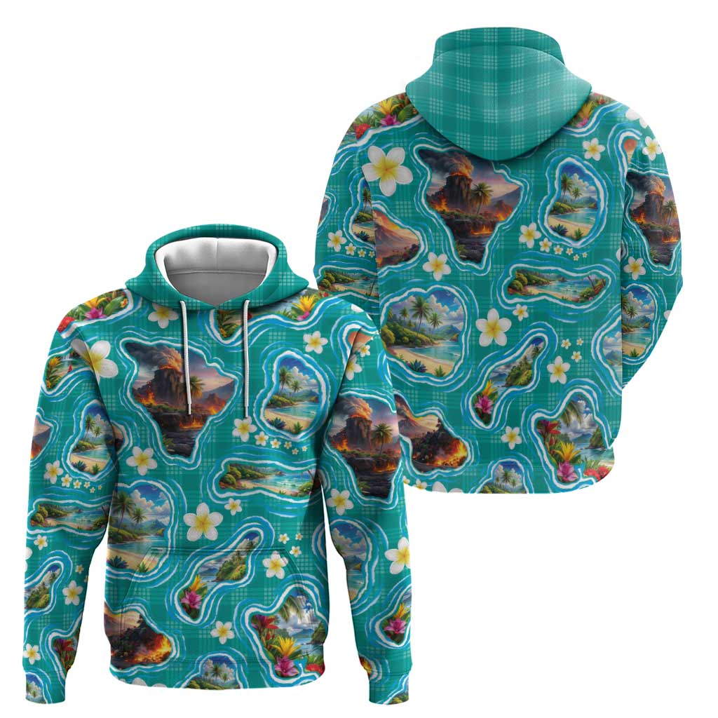 Hawaii Map with Plumeria Flower and Palaka Pattern Hoodie Tropical Island Teal Design LT03 - Polynesian Pride