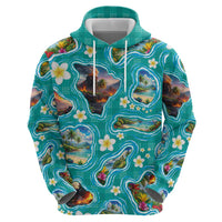 Hawaii Map with Plumeria Flower and Palaka Pattern Hoodie Tropical Island Teal Design LT03 - Polynesian Pride