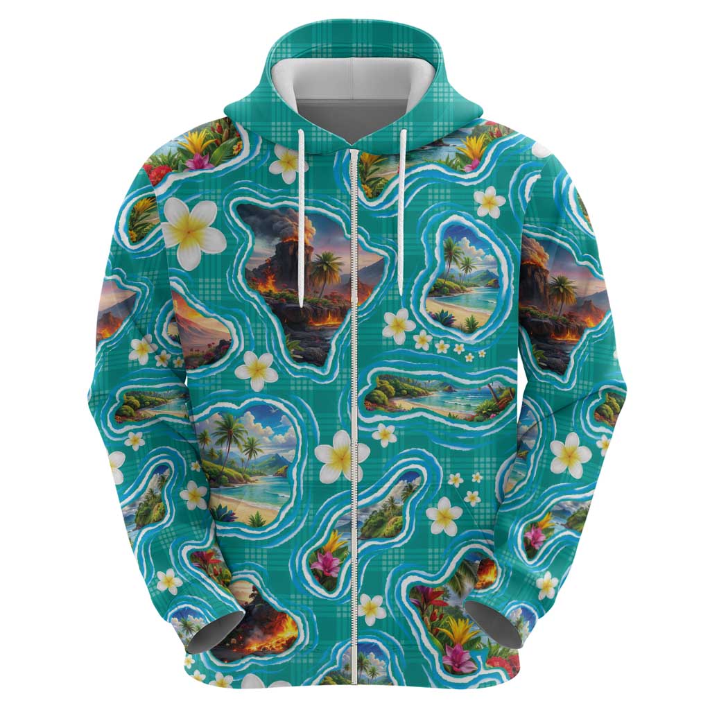 Hawaii Map with Plumeria Flower and Palaka Pattern Hoodie Tropical Island Teal Design LT03 - Polynesian Pride