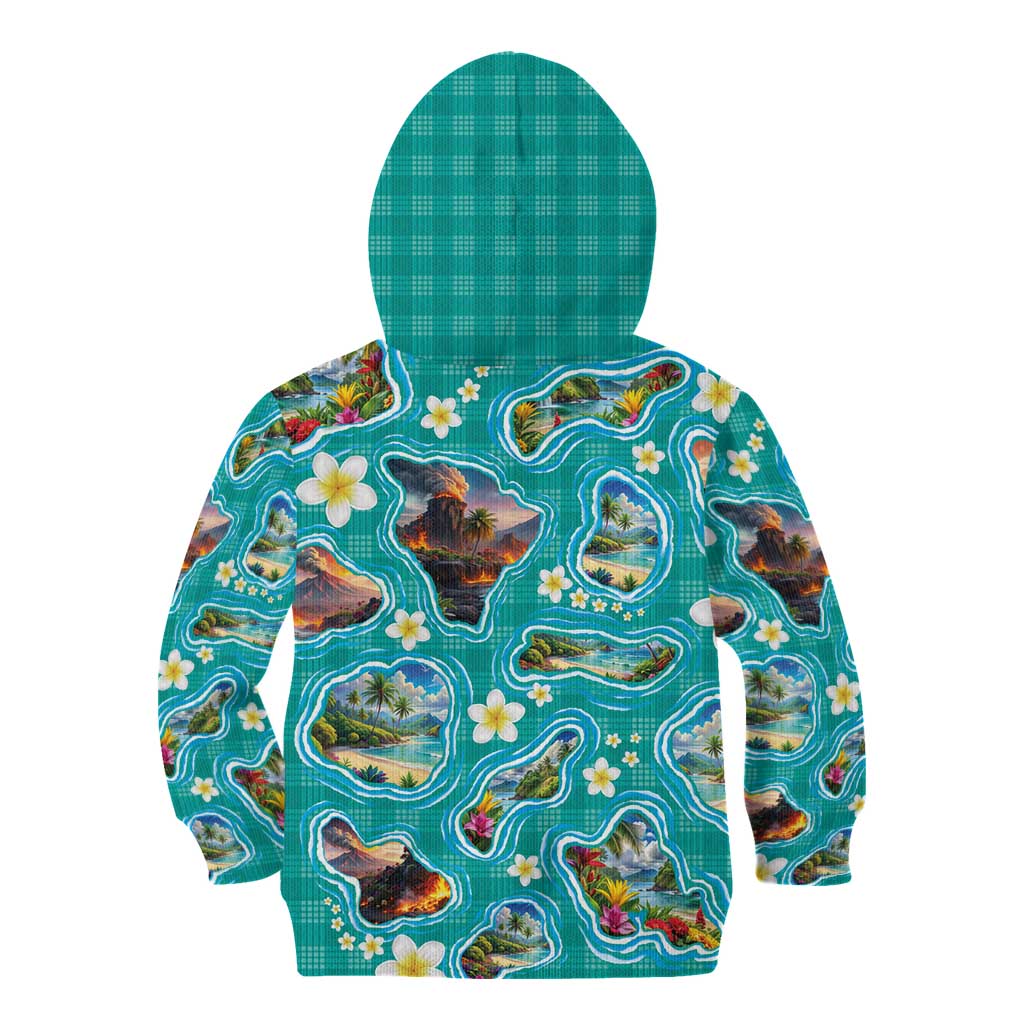 Hawaii Map with Plumeria Flower and Palaka Pattern Kid Hoodie Tropical Island Teal Design LT03 - Polynesian Pride