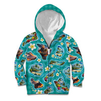 Hawaii Map with Plumeria Flower and Palaka Pattern Kid Hoodie Tropical Island Teal Design LT03 Zip Hoodie Teal - Polynesian Pride