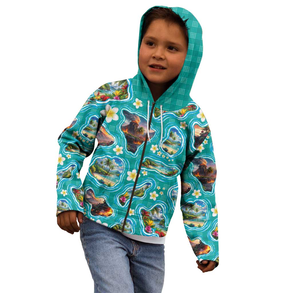 Hawaii Map with Plumeria Flower and Palaka Pattern Kid Hoodie Tropical Island Teal Design LT03 - Polynesian Pride