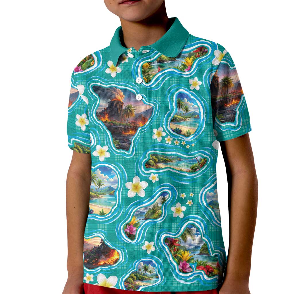 Hawaii Map with Plumeria Flower and Palaka Pattern Kid Polo Shirt Tropical Island Teal Design LT03 Kid Teal - Polynesian Pride