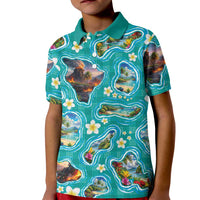 Hawaii Map with Plumeria Flower and Palaka Pattern Kid Polo Shirt Tropical Island Teal Design LT03 Kid Teal - Polynesian Pride