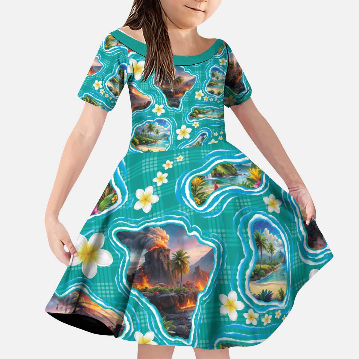 Hawaii Map with Plumeria Flower and Palaka Pattern Kid Short Sleeve Dress Tropical Island Teal Design LT03 KID Teal - Polynesian Pride