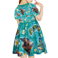 Hawaii Map with Plumeria Flower and Palaka Pattern Kid Short Sleeve Dress Tropical Island Teal Design LT03 - Polynesian Pride