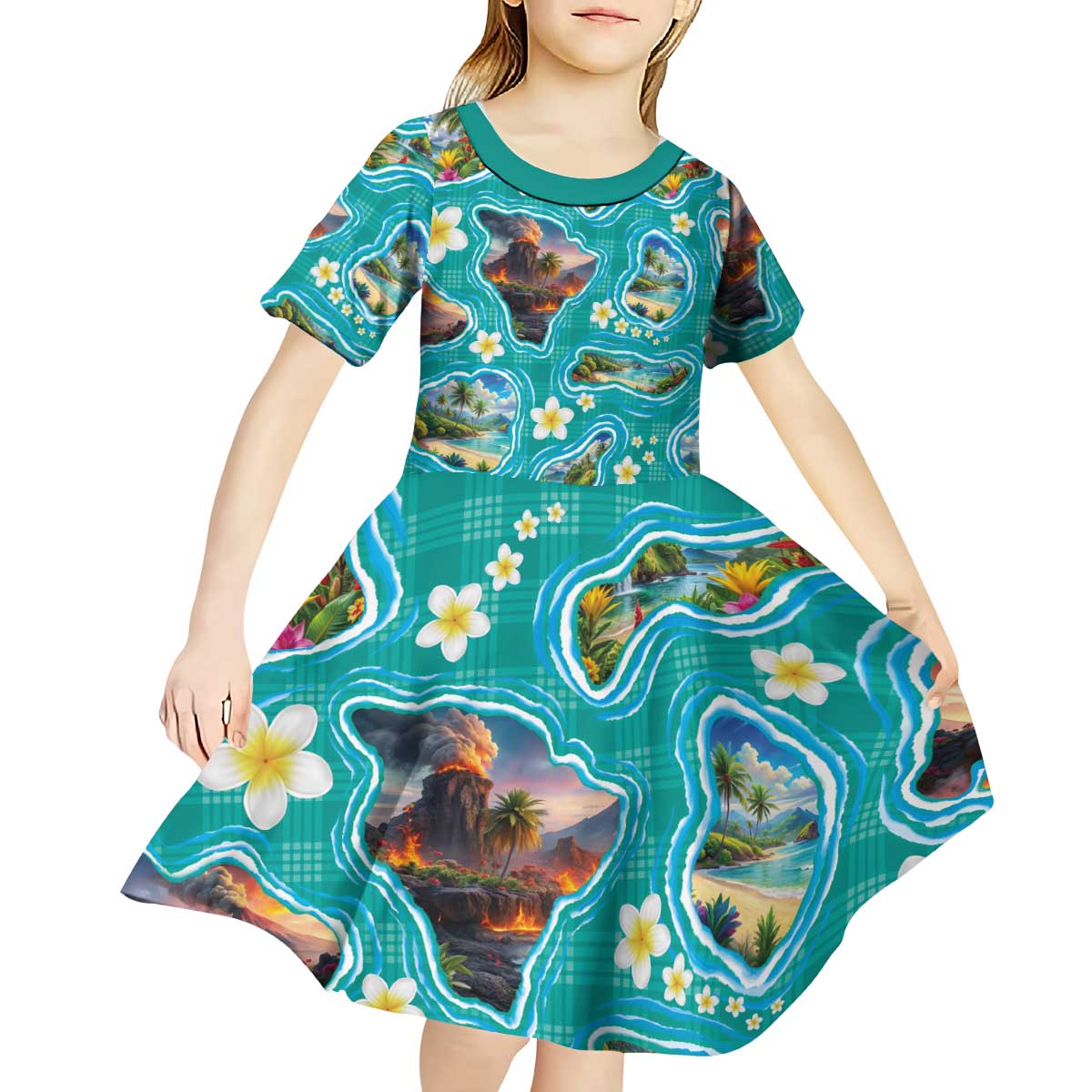 Hawaii Map with Plumeria Flower and Palaka Pattern Kid Short Sleeve Dress Tropical Island Teal Design LT03 - Polynesian Pride