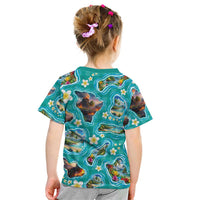 Hawaii Map with Plumeria Flower and Palaka Pattern Kid T Shirt Tropical Island Teal Design LT03 - Polynesian Pride