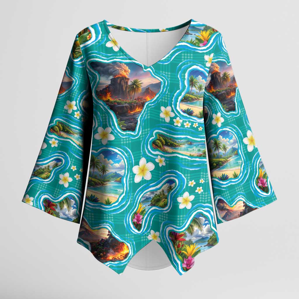 Hawaii Map with Plumeria Flower and Palaka Pattern Kimono Sleeve Blouse Tropical Island Teal Design