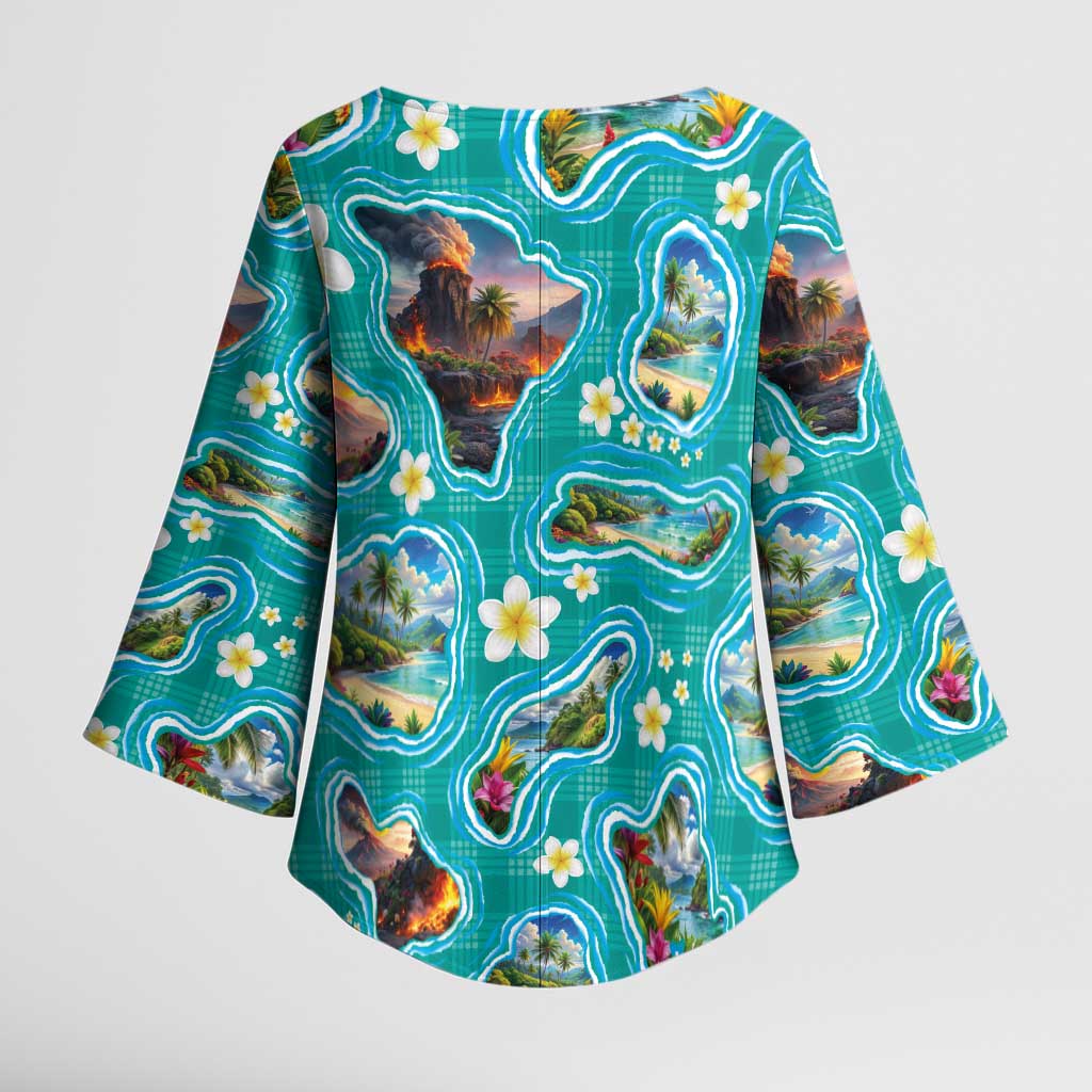 Hawaii Map with Plumeria Flower and Palaka Pattern Kimono Sleeve Blouse Tropical Island Teal Design