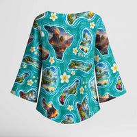 Hawaii Map with Plumeria Flower and Palaka Pattern Kimono Sleeve Blouse Tropical Island Teal Design