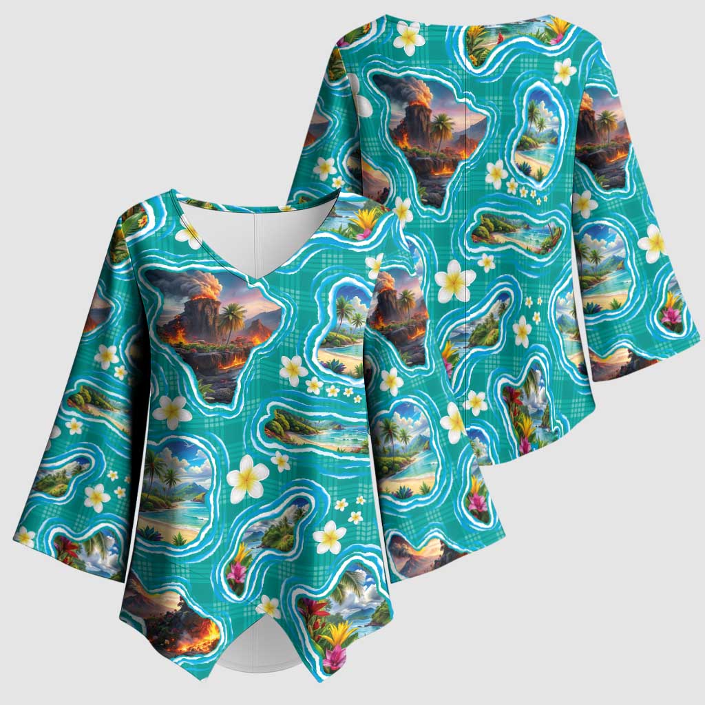 Hawaii Map with Plumeria Flower and Palaka Pattern Kimono Sleeve Blouse Tropical Island Teal Design