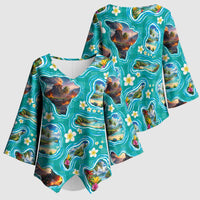 Hawaii Map with Plumeria Flower and Palaka Pattern Kimono Sleeve Blouse Tropical Island Teal Design