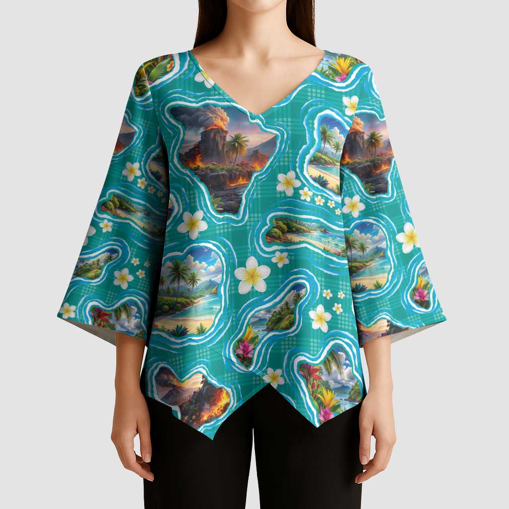 Hawaii Map with Plumeria Flower and Palaka Pattern Kimono Sleeve Blouse Tropical Island Teal Design