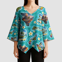 Hawaii Map with Plumeria Flower and Palaka Pattern Kimono Sleeve Blouse Tropical Island Teal Design