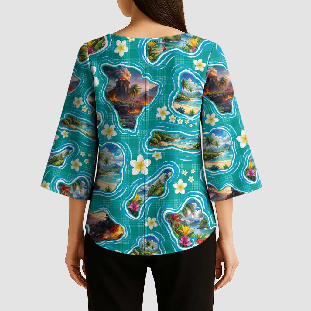 Hawaii Map with Plumeria Flower and Palaka Pattern Kimono Sleeve Blouse Tropical Island Teal Design