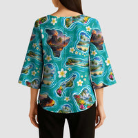 Hawaii Map with Plumeria Flower and Palaka Pattern Kimono Sleeve Blouse Tropical Island Teal Design