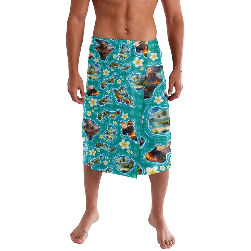 Hawaii Map with Plumeria Flower and Palaka Pattern Lavalava Tropical Island Teal Design LT03 Teal - Polynesian Pride