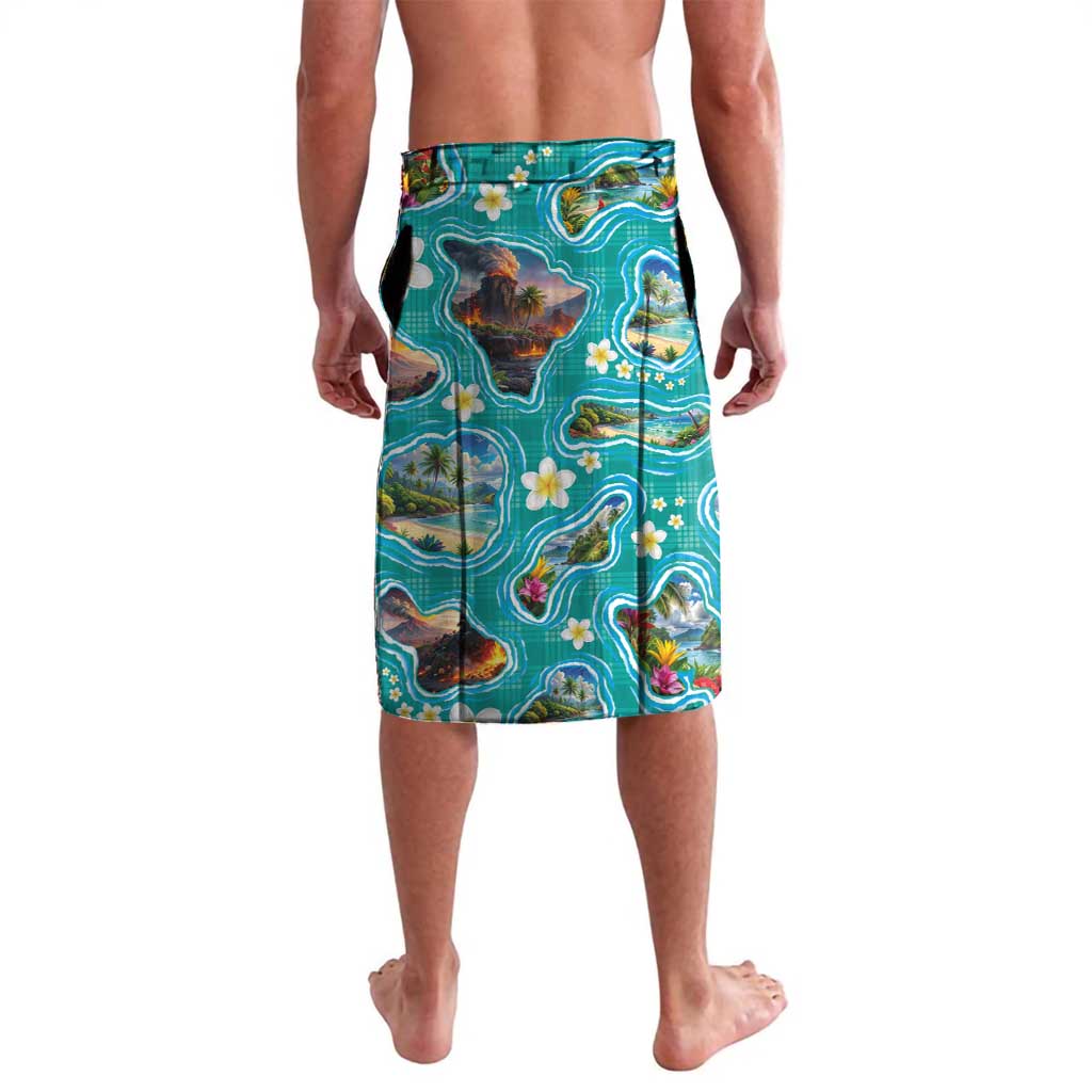 Hawaii Map with Plumeria Flower and Palaka Pattern Lavalava Tropical Island Teal Design LT03 - Polynesian Pride