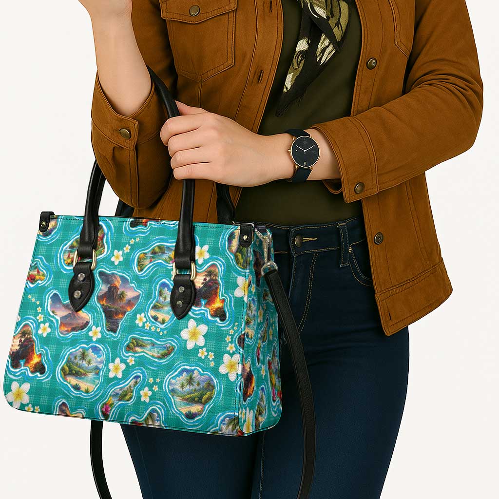 Hawaii Map with Plumeria Flower and Palaka Pattern Leather Bag Tropical Island Teal Design LT03 - Polynesian Pride