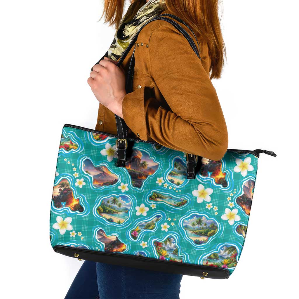 Hawaii Map with Plumeria Flower and Palaka Pattern Leather Tote Bag Tropical Island Teal Design LT03 Teal - Polynesian Pride