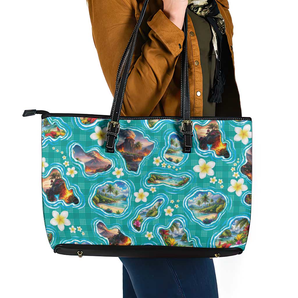 Hawaii Map with Plumeria Flower and Palaka Pattern Leather Tote Bag Tropical Island Teal Design LT03 - Polynesian Pride