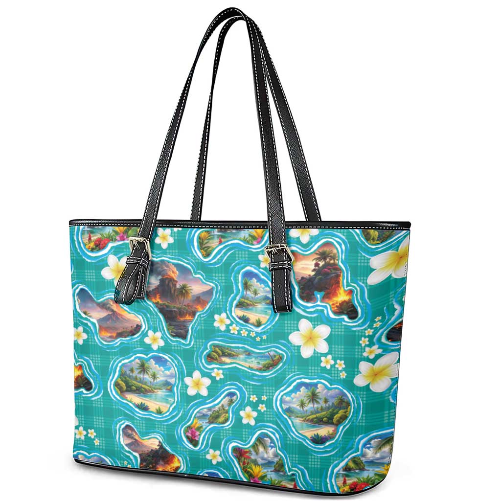 Hawaii Map with Plumeria Flower and Palaka Pattern Leather Tote Bag Tropical Island Teal Design LT03 - Polynesian Pride
